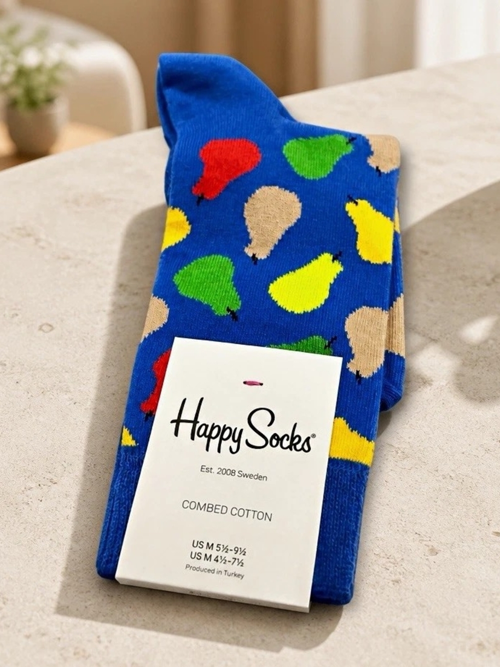 Happy Socks Combed Cotton Blue/Multicolor Novelty Crew Socks Men 9-11 PEA01